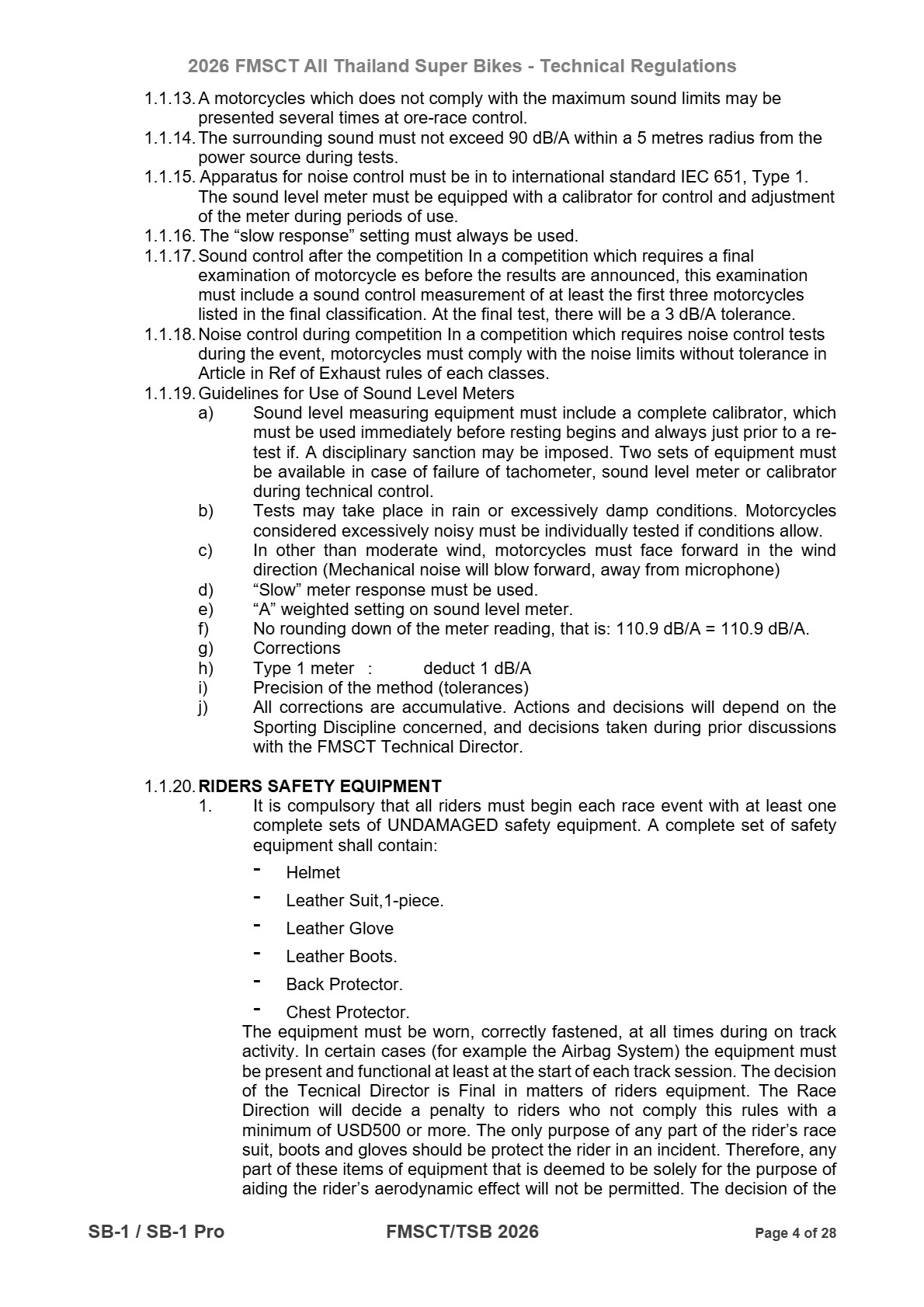 Page 4 of 2026 FMSCTTSB SuperBike 1000 Technical Regulations SB1-SB1Pro Rev2