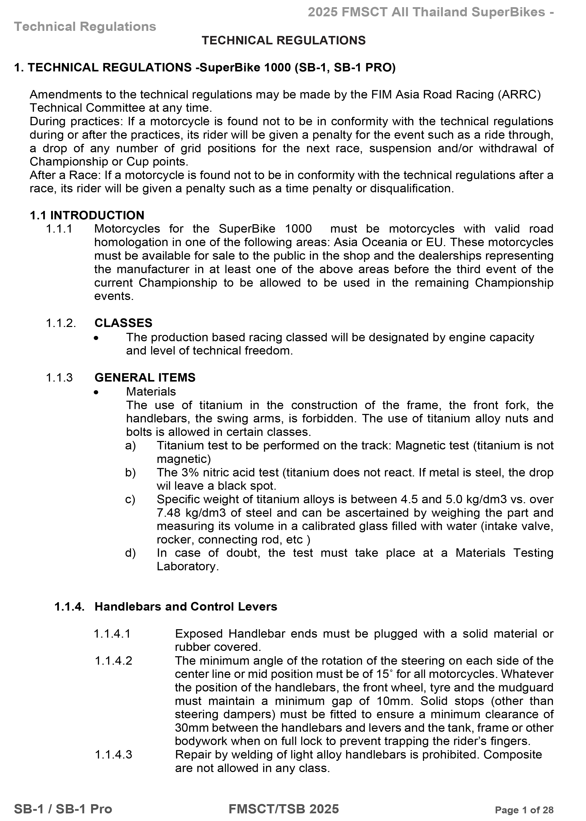 Page 1 of 2025 FMSCTTSB SuperBike 1000 Technical Regulations SB1-SB1Pro V1.4