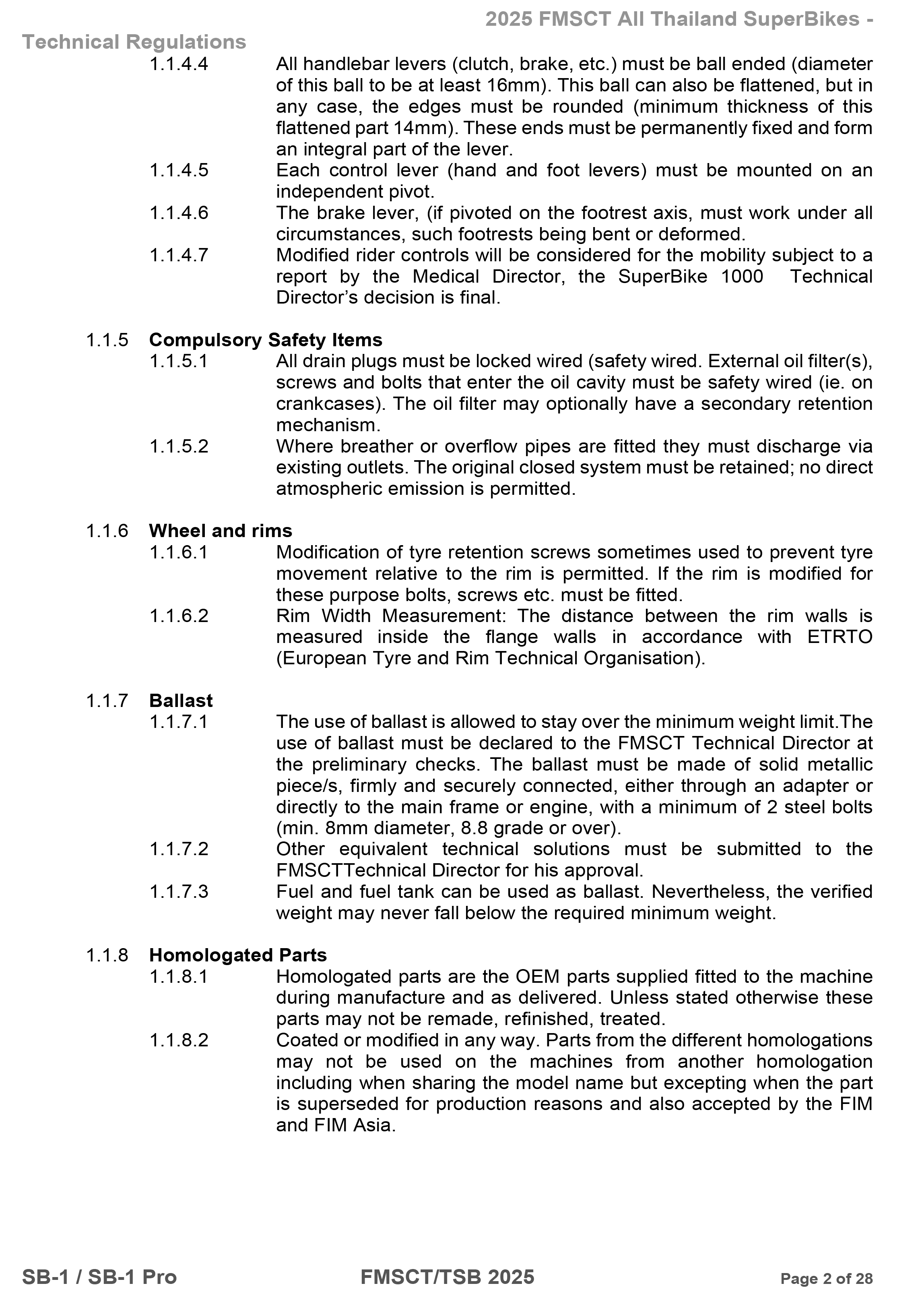Page 2 of 2025 FMSCTTSB SuperBike 1000 Technical Regulations SB1-SB1Pro V1.4
