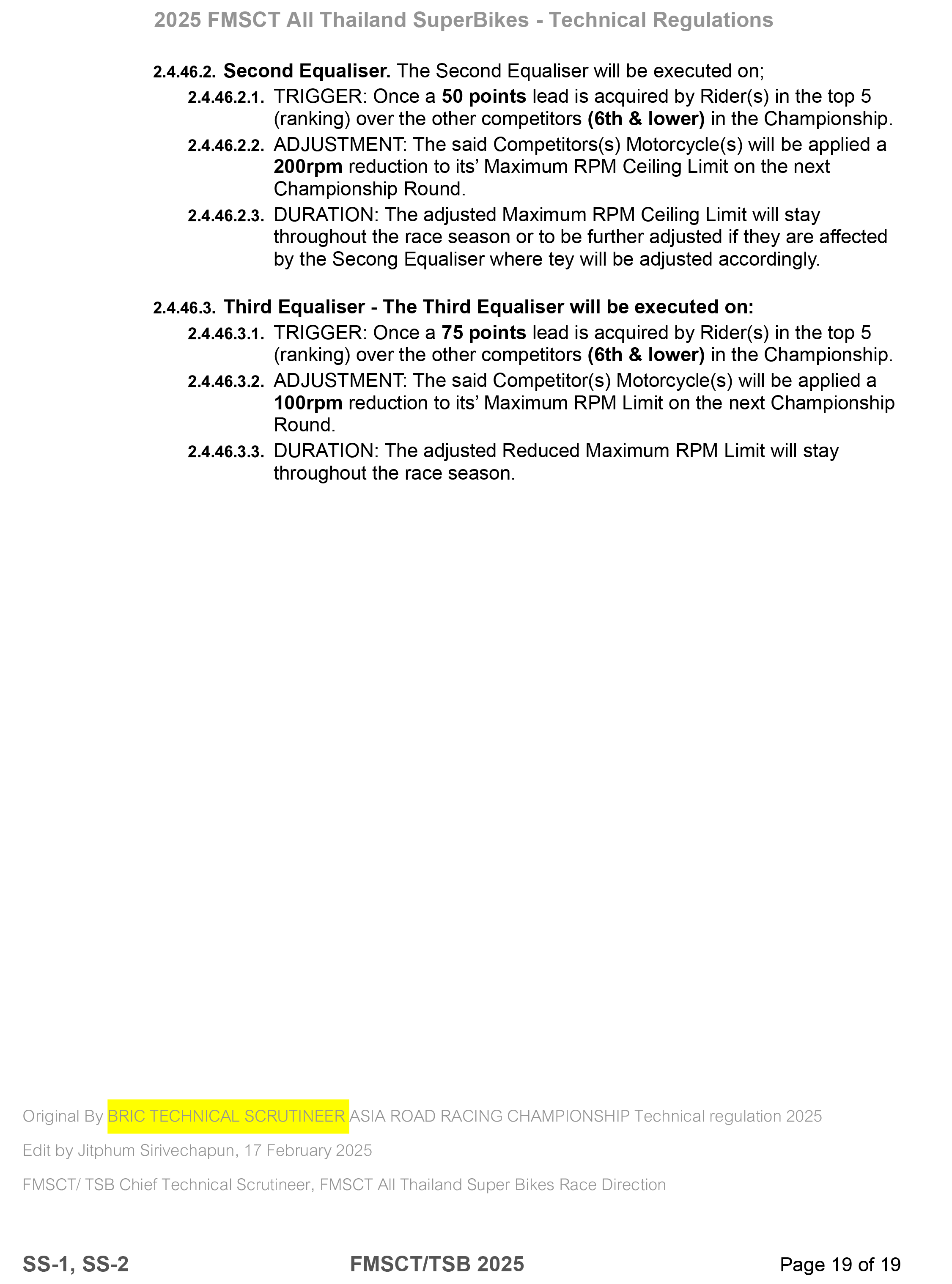 Page 19 of 2025 FMSCTTSB SuperSports 250 Technical Regulations Rev1.7