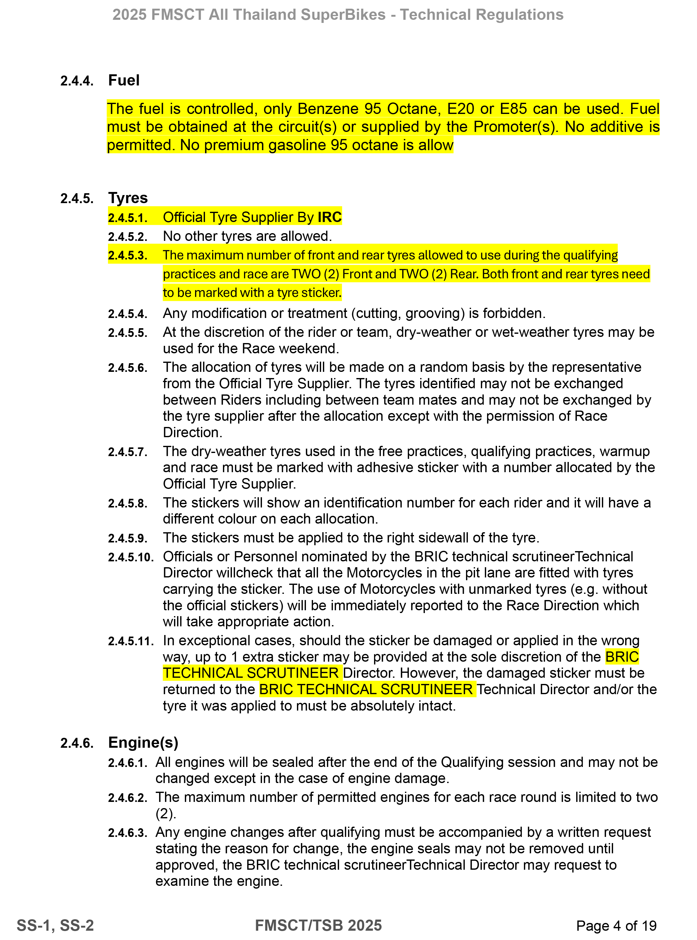 Page 4 of 2025 FMSCTTSB SuperSports 250 Technical Regulations Rev1.7