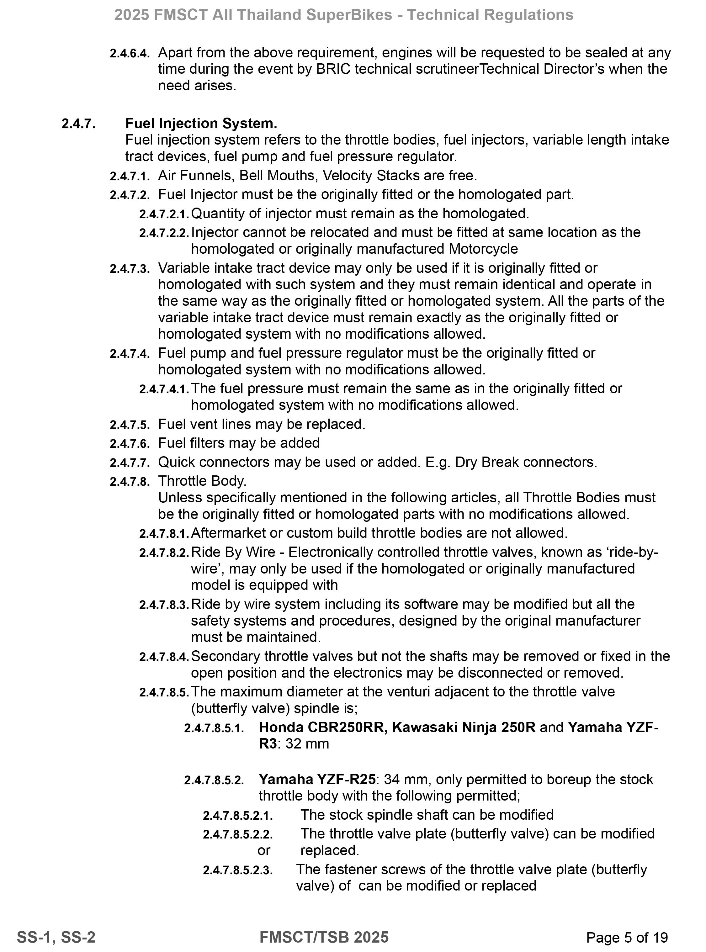 Page 5 of 2025 FMSCTTSB SuperSports 250 Technical Regulations Rev1.7