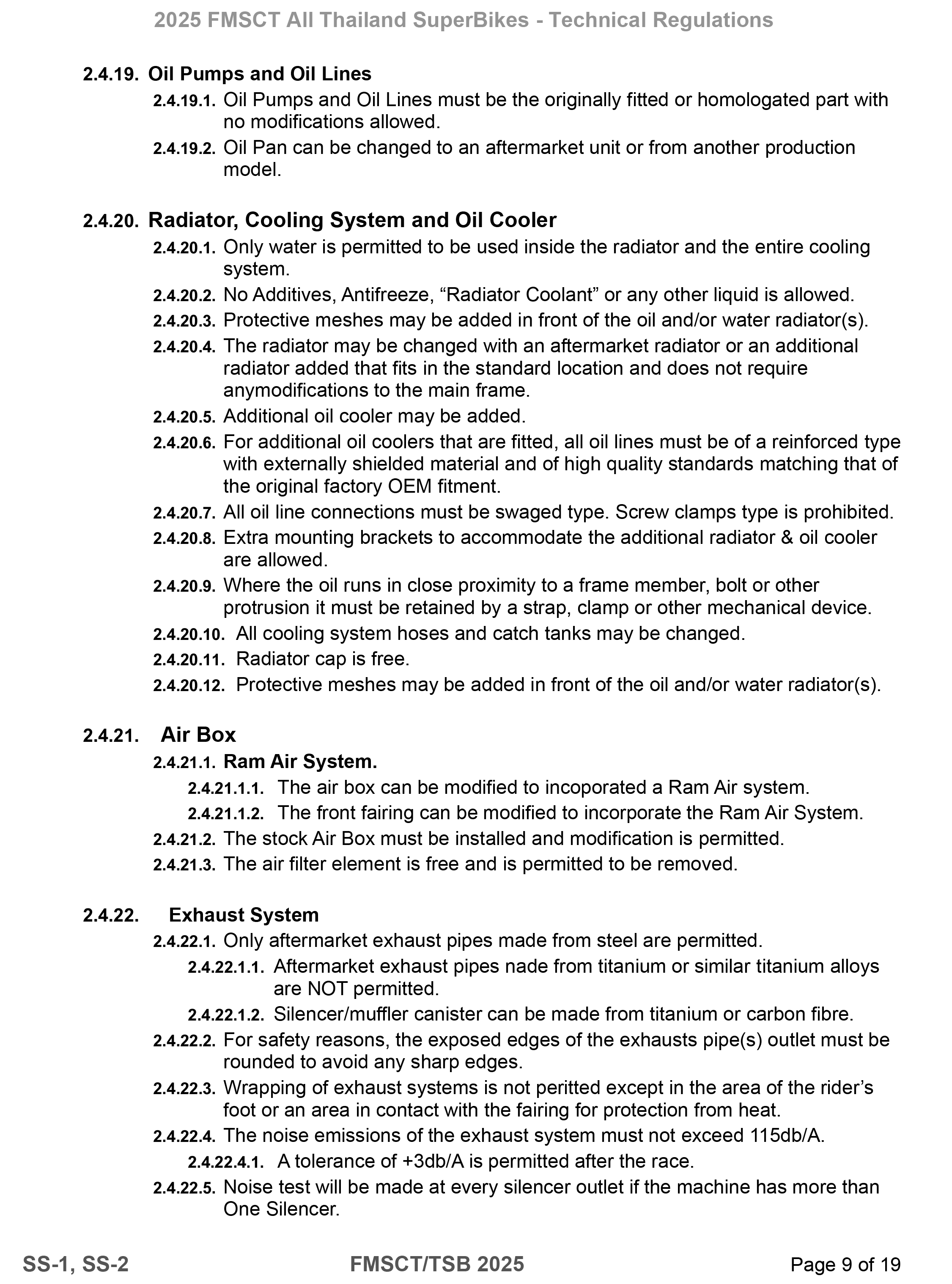 Page 9 of 2025 FMSCTTSB SuperSports 250 Technical Regulations Rev1.7